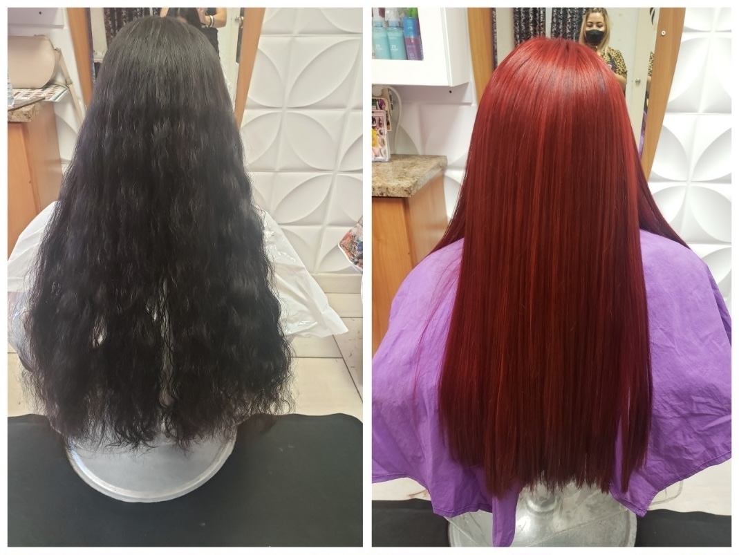 Transformación de cabello — de negro rizado a rojo liso vibrante